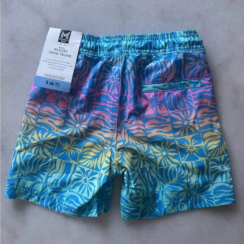 Boys Multicolor Gradient Floral Swim Trunks - Blue, Pink & Yellow